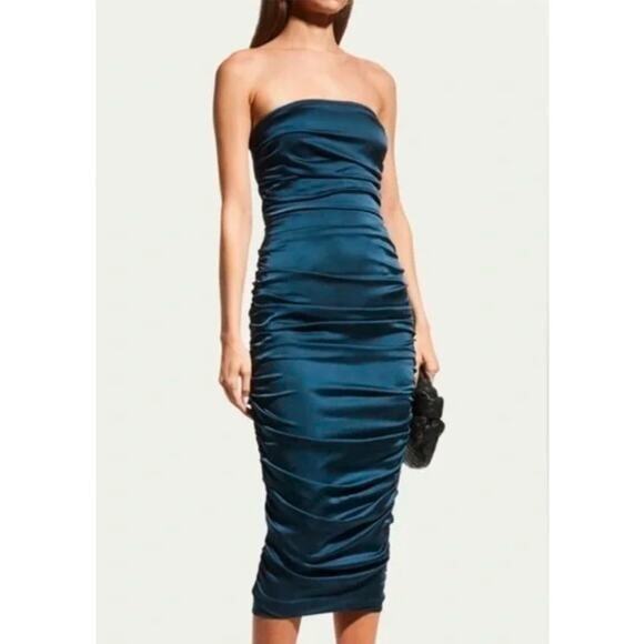 NWT Veronica Beard Kupa Ruched Strapless Midi Dress Size 12 Petrol #3H510 - Picture 1 of 10